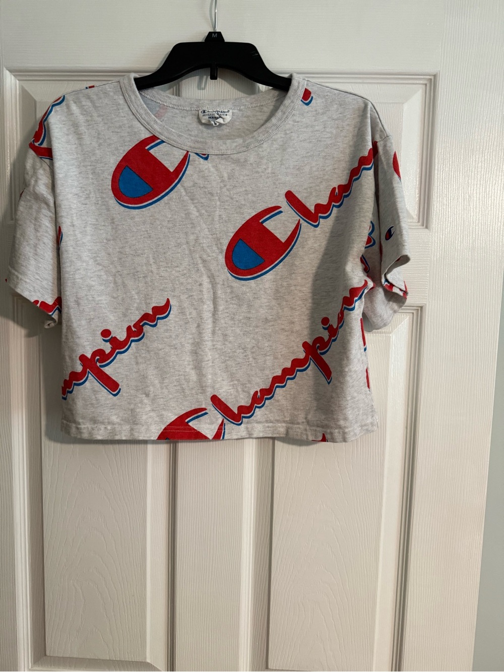 Champion Gray Crop Tee with Red & Blue Logos